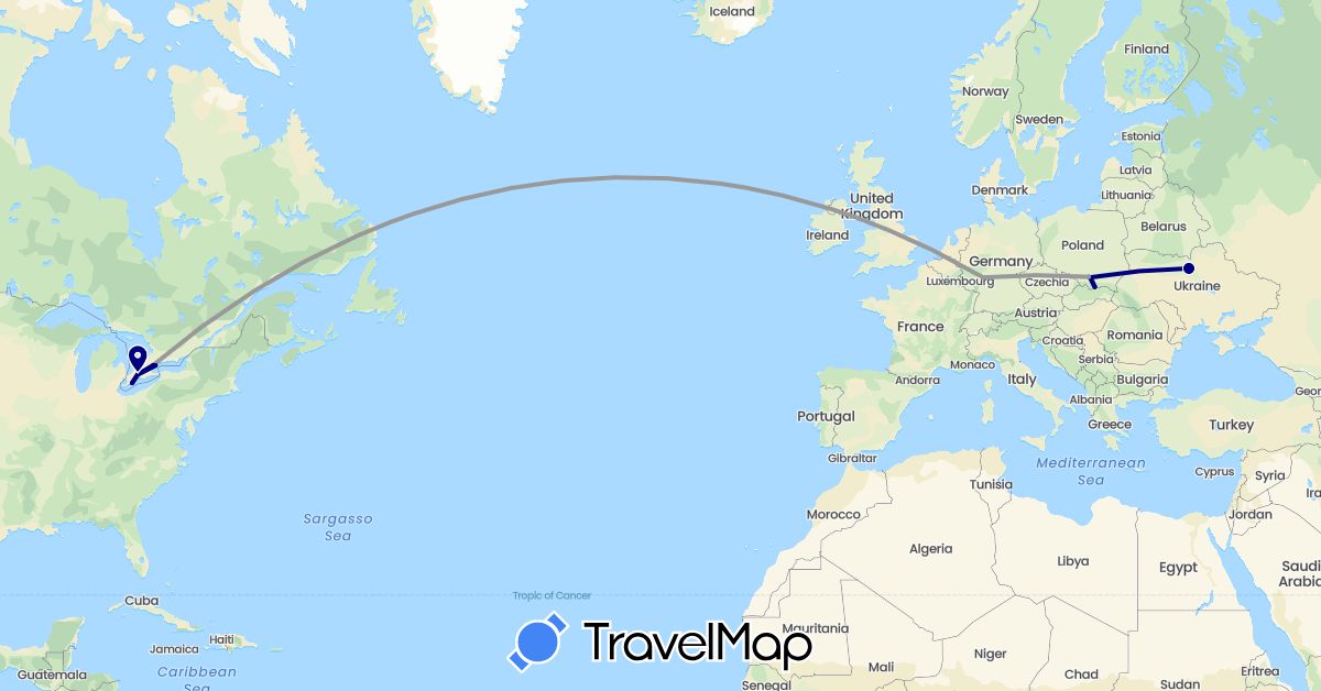 TravelMap itinerary: driving, plane in Canada, Germany, Poland, Slovakia, Ukraine (Europe, North America)
